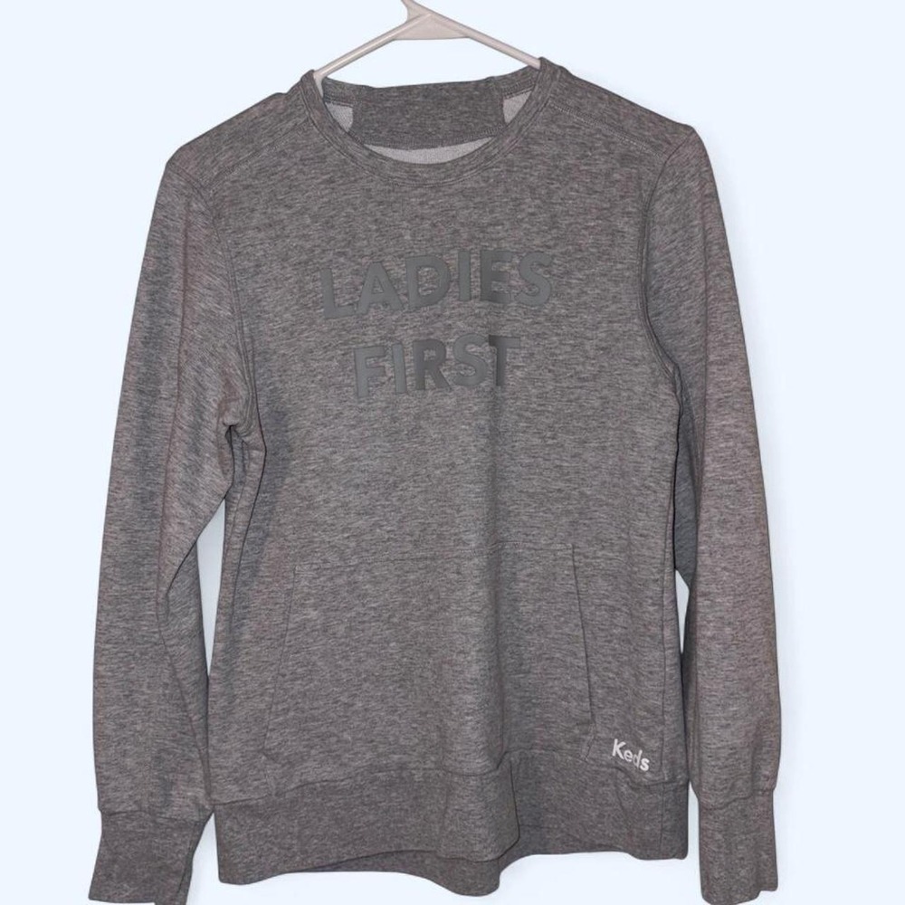 Gray Keds sweatshirt with 'LADIES FIRST' text, size XS #keds #ladiesfirst